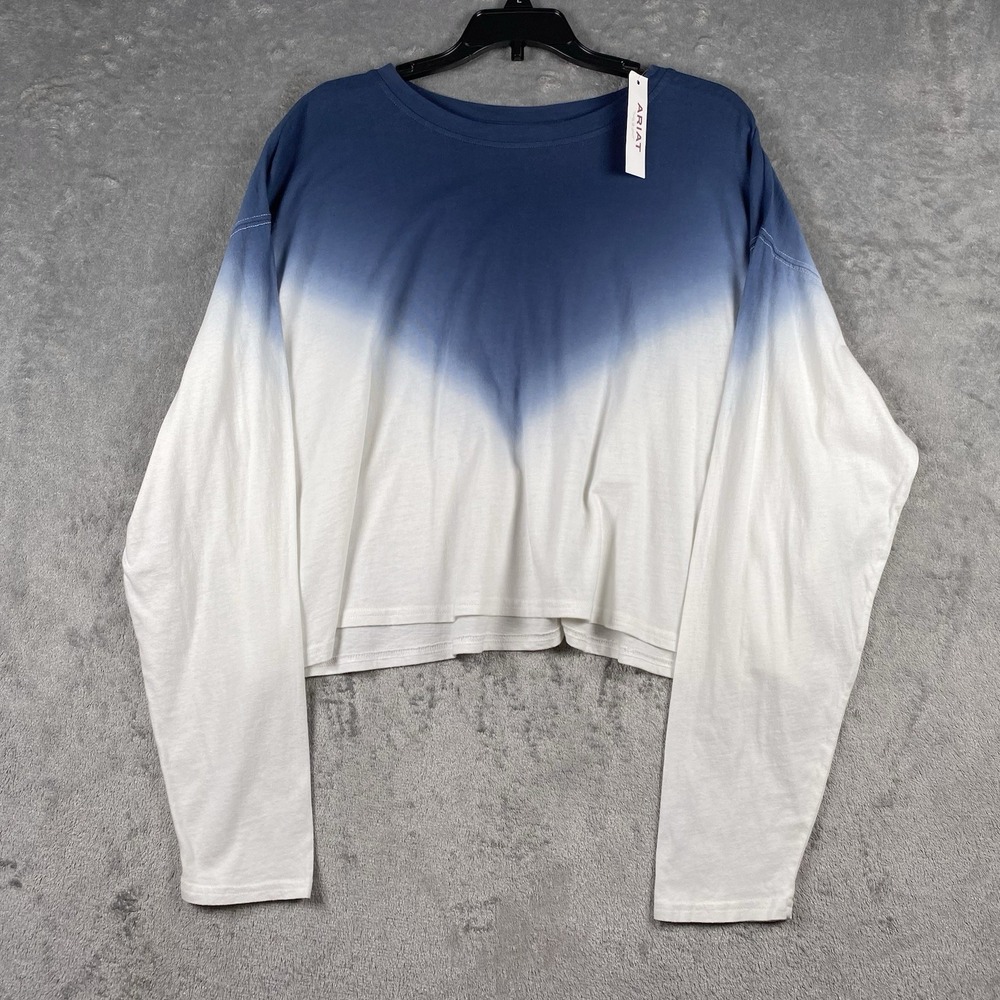 Ariat Shirt Womens Sz XL Blue White Ombre Howdy Long Sleeve Top Relaxed Cropped